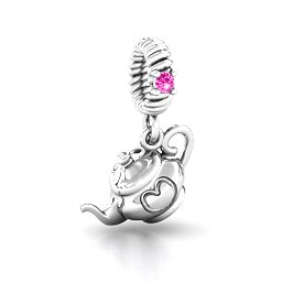 Teapot with Hearts Bracelet Charm in 925 Sterling Silver with Pink Tourmaline
