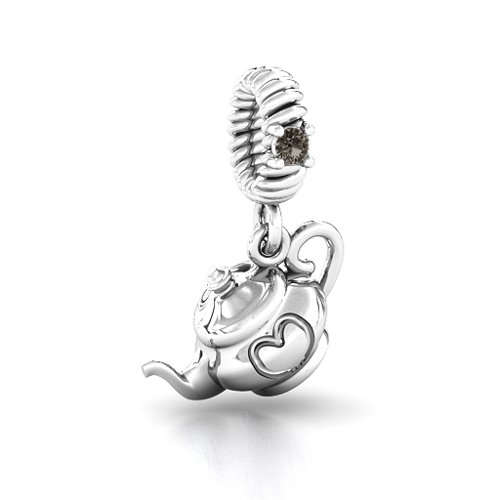 Teapot with Hearts Bracelet Charm – Sterling Silver with Smokey Quartz