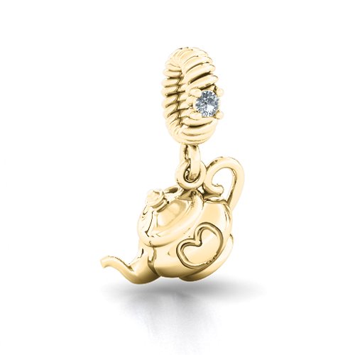Teapot with Hearts Bracelet Charm – 10K Yellow Gold with Cubic Zirconia