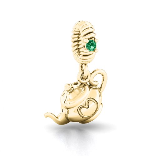 Teapot with Hearts Bracelet Charm – 10K Yellow Gold with Emerald