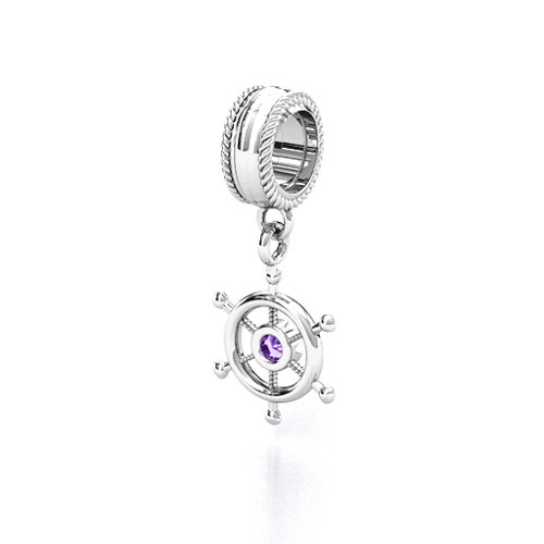 Ship's Wheel Bracelet Charm – Sterling Silver with Amethyst
