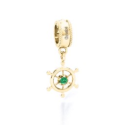 Ship's Wheel Bracelet Charm in 10K Solid Yellow Gold with Emerald