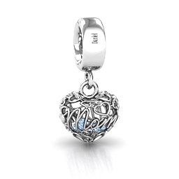 A Mother's Love Caged Bracelet Charm in 925 Sterling Silver with Aquamarine, Pink Tourmaline, and Cubic Zirconia