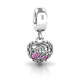 A Mother's Love Caged Bracelet Charm in 925 Sterling Silver with Pink Tourmaline and Cubic Zirconia