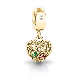 A Mother's Love Caged Bracelet Charm in 10K Solid Yellow Gold with Emerald, Ruby, Pink Tourmaline, and Cubic Zirconia