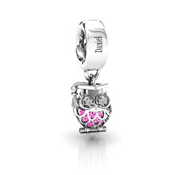 Scholarly Owl Caged Bracelet Charm in 925 Sterling Silver with Pink Tourmaline and Garnet