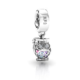 Scholarly Owl Caged Bracelet Charm in 925 Sterling Silver with Aquamarine, Amethyst, Pink Tourmaline, and Garnet