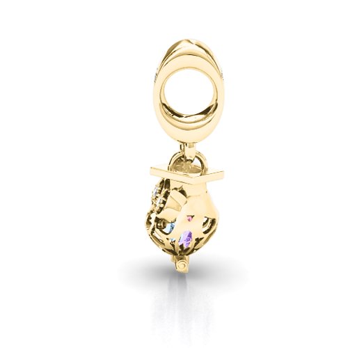 Scholarly Owl Caged Bracelet Charm – 10K Yellow Gold with Aquamarine, Amethyst, Pink Tourmaline, and Cubic Zirconia