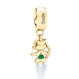 She Graduated! Bracelet Charm in 10K Solid Yellow Gold with Emerald