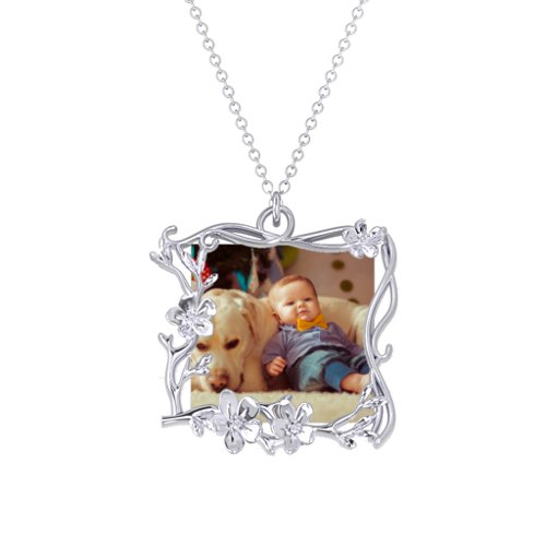 Square Cherry Blossom Photo Frame Necklace – Sterling Silver