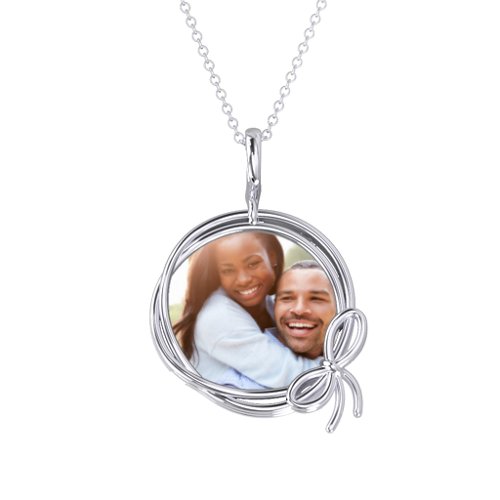 Ribbon And Bow Round Photo Frame Necklace – Sterling Silver