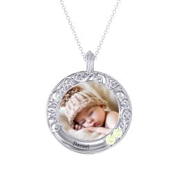 Round Engravable Filligree Photo Frame Necklace in 925 Sterling Silver with Peridot and Amethyst