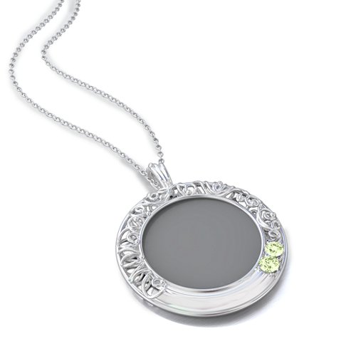 Round Engravable Filligree Photo Frame Necklace – Sterling Silver with Peridot