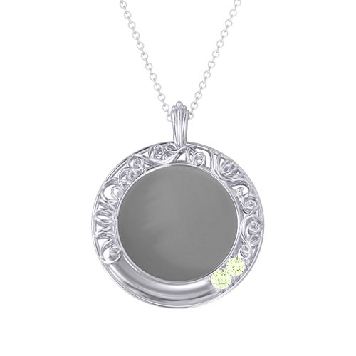 Round Engravable Filligree Photo Frame Necklace – Sterling Silver with Peridot