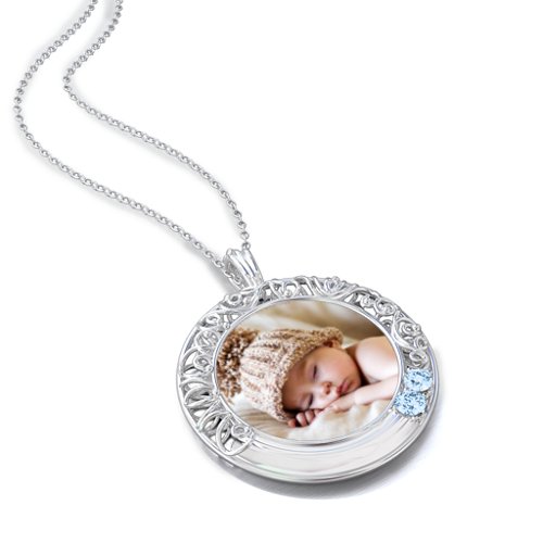 Round Engravable Filligree Photo Frame Necklace – Sterling Silver with Aquamarine
