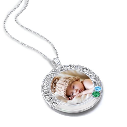 Round Engravable Filligree Photo Frame Necklace – Sterling Silver with Emerald and Blue Topaz