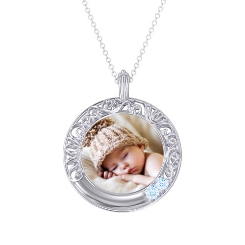 Round Engravable Filligree Photo Frame Necklace – Sterling Silver with Aquamarine