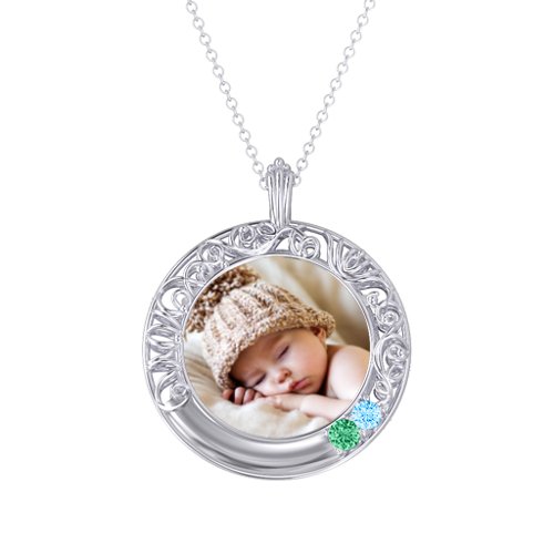 Round Engravable Filligree Photo Frame Necklace – Sterling Silver with Emerald and Blue Topaz