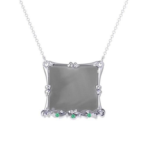 Fancy Square Photo Frame Necklace With Accents – Sterling Silver with Green Premium Zirconia