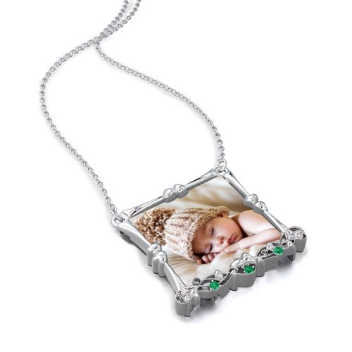 Fancy Square Photo Frame Necklace With Accents – Sterling Silver with Green Premium Zirconia