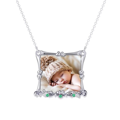 Fancy Square Photo Frame Necklace With Accents – Sterling Silver with Green Premium Zirconia