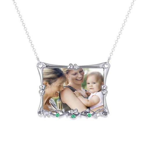 Fancy Rectangular Photo Frame Necklace With Accents – Sterling Silver with Green Premium Zirconia