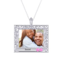 Rectangular Engravable Filligree Photo Frame Necklace in 925 Sterling Silver with Pink Tourmaline and Amethyst
