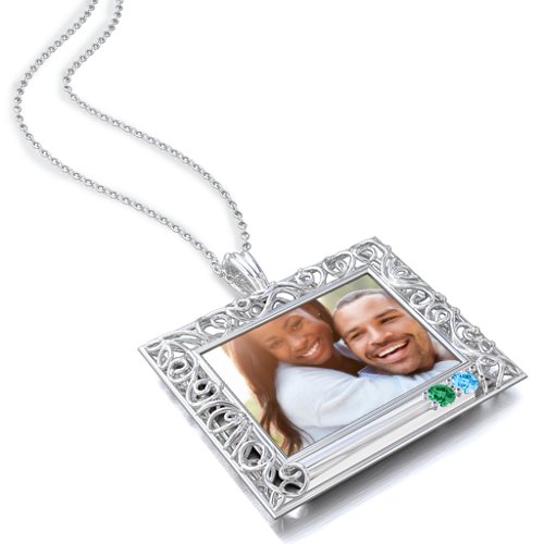 Rectangular Engravable Filligree Photo Frame Necklace – Sterling Silver with Emerald and Blue Topaz