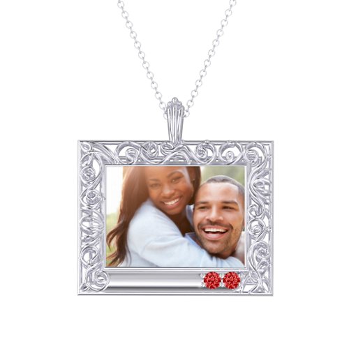 Rectangular Engravable Filligree Photo Frame Necklace – Sterling Silver with Garnet