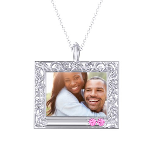 Rectangular Engravable Filligree Photo Frame Necklace – Sterling Silver with Pink Tourmaline