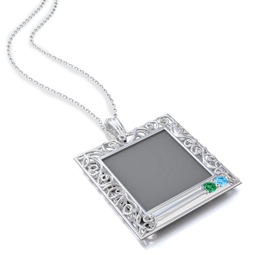 Square Engravable Filligree Photo Frame Necklace – Sterling Silver with Emerald and Blue Topaz