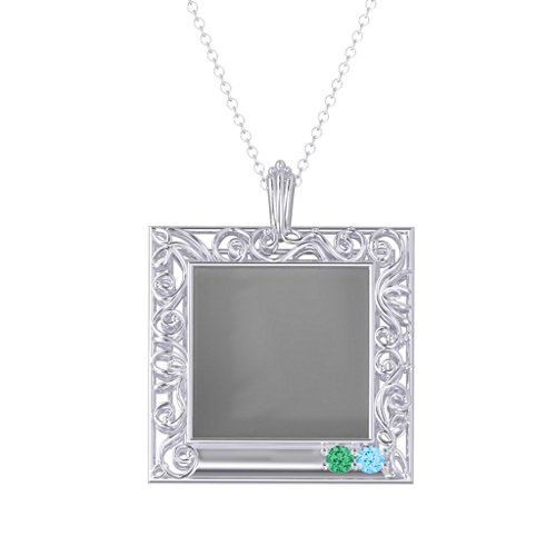 Square Engravable Filligree Photo Frame Necklace – Sterling Silver with Emerald and Blue Topaz