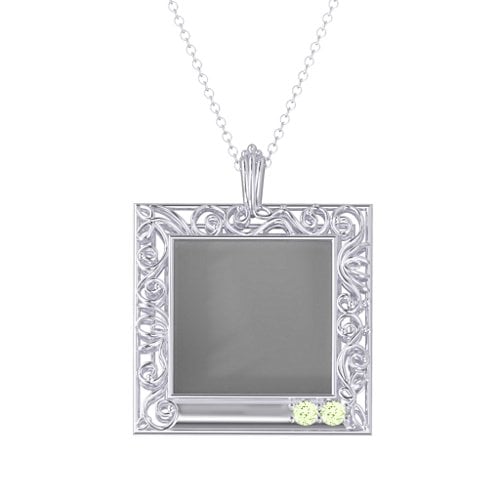 Square Engravable Filligree Photo Frame Necklace – Sterling Silver with Peridot