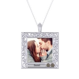Square Engravable Filligree Photo Frame Necklace in 925 Sterling Silver with Smokey Quartz and Amethyst