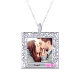Square Engravable Filligree Photo Frame Necklace in 925 Sterling Silver with Pink Tourmaline and Amethyst