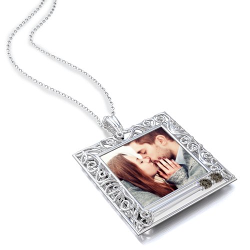 Square Engravable Filligree Photo Frame Necklace – Sterling Silver with Smokey Quartz
