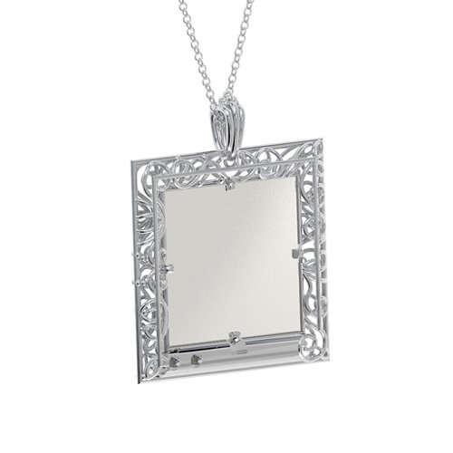 Square Engravable Filligree Photo Frame Necklace – Sterling Silver with Smokey Quartz