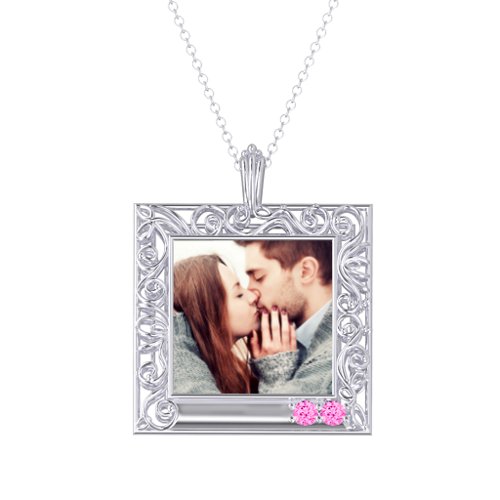 Square Engravable Filligree Photo Frame Necklace – Sterling Silver with Pink Tourmaline