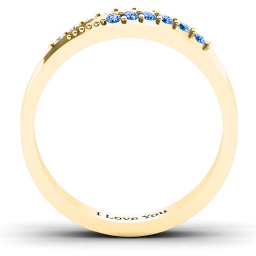 Women's Ridge Accent Diagonal Peak Ring – 10K Yellow Gold with White Premium Zirconia and Fancy Blue Premium Zirconia