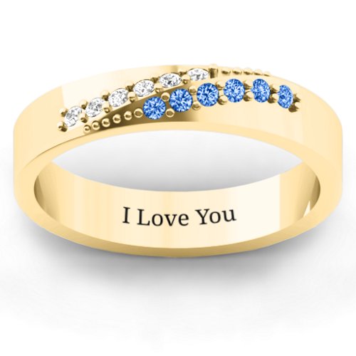 Women's Ridge Accent Diagonal Peak Ring – 10K Yellow Gold with White Premium Zirconia and Fancy Blue Premium Zirconia