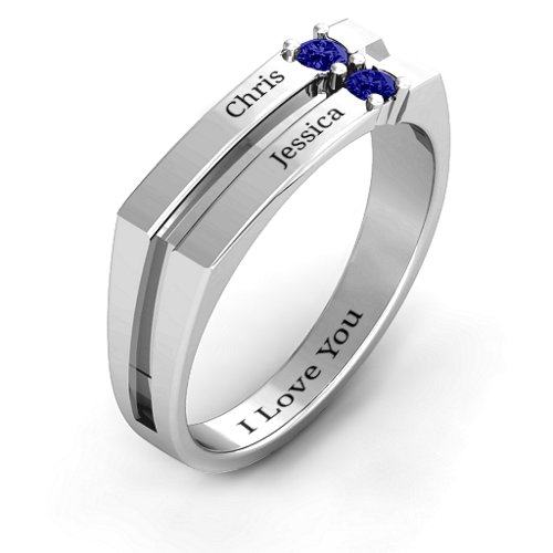 Women's Crevice Grooved Ring – Sterling Silver with Blue Sapphire