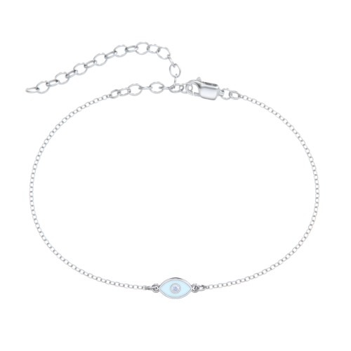Evil Eye Anklet with Accent Stone and Cold Enamel – Sterling Silver with Fancy Blue Premium Zirconia