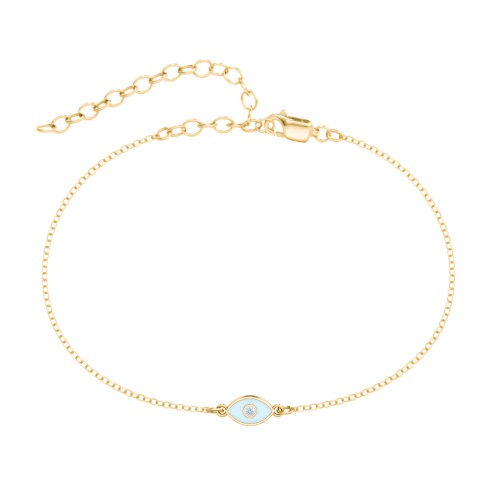 Evil Eye Anklet with Accent Stone and Cold Enamel – 18K Gold Plated Silver with Fancy Blue Premium Zirconia