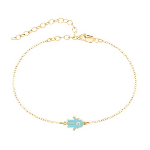 Hamsa Anklet with Accent Stone – 18K Gold Plated Silver with Fancy Blue Premium Zirconia