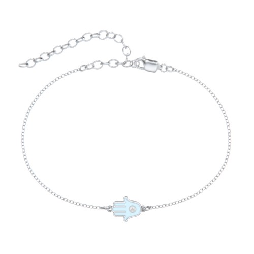 Hamsa Anklet with Accent Stone – Sterling Silver with White Premium Zirconia