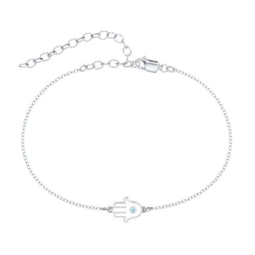 Hamsa Anklet with Accent Stone – Sterling Silver with Mint Premium Zirconia