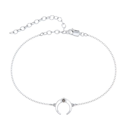 Crescent Horn Anklet with White Cold Enamel – Sterling Silver with Smokey Quartz