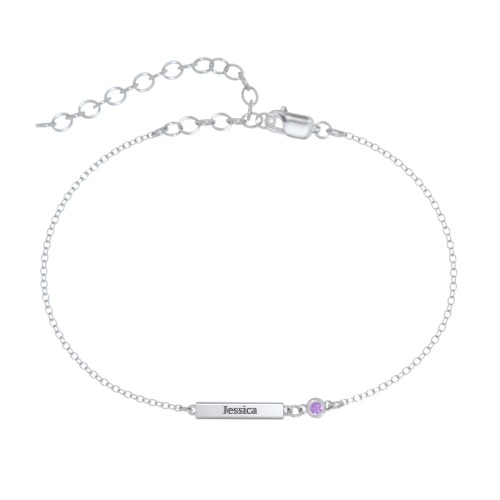 Petite Bar Anklet with Bezel Set Stone – Sterling Silver with Amethyst