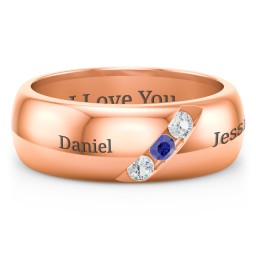 Men's Triple Stone Grooved Ring in 10K Solid Rose Gold with Cubic Zirconia and Blue Sapphire