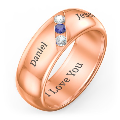 Men's Triple Stone Grooved Ring – 10K Rose Gold with Cubic Zirconia and Blue Sapphire